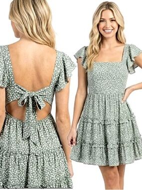 Sundae Muse Floral Flutter Sleeve Sundress Size 6 Backless Tiered Ruffle Hem